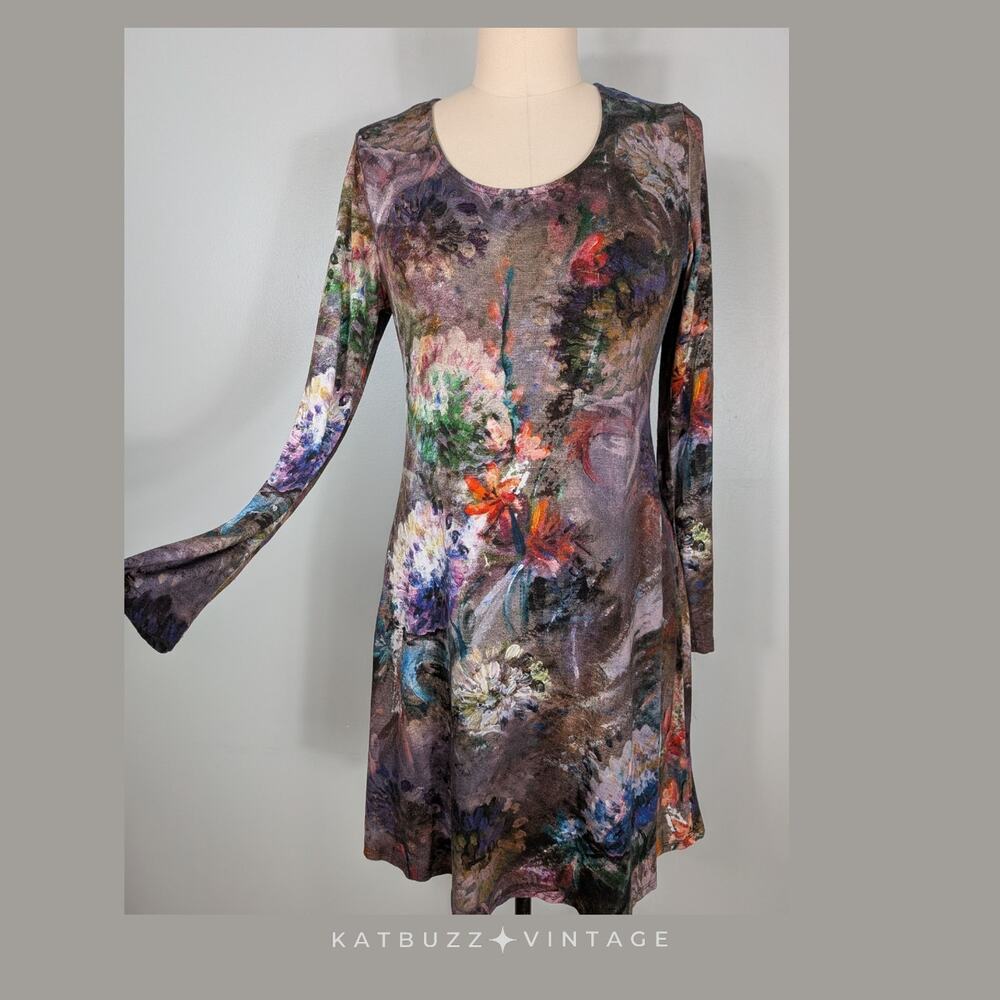 Karen Kane Mini Dress L Mulit Long Sleeve Floral Abstract Grunge Artsy Jersey
